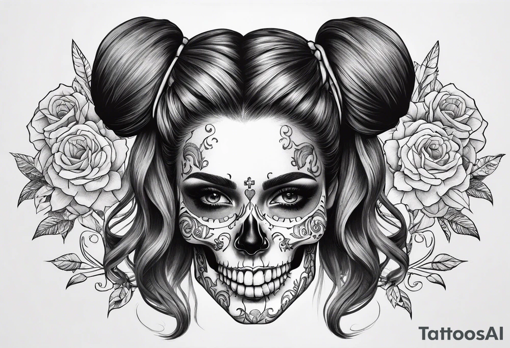 feminine skull and cross bones with hair in two buns tattoo idea