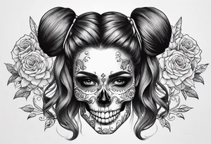 feminine skull and cross bones with hair in two buns tattoo idea