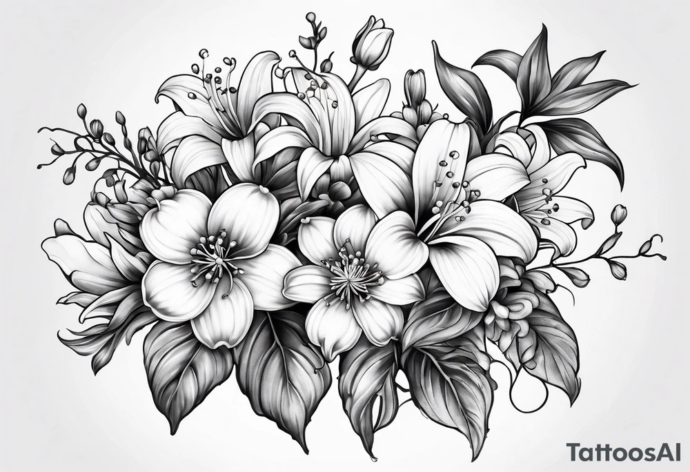 4 flowers, Lily of the valley, marigold, chrysanthemum, and a Lily combined together with small leaves and vines tattoo idea