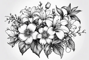 4 flowers, Lily of the valley, marigold, chrysanthemum, and a Lily combined together with small leaves and vines tattoo idea