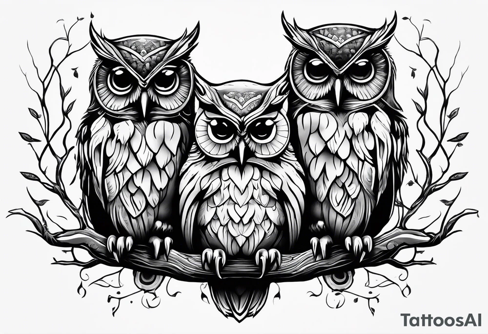 Hear no evil, see no evil, speak no evil owls on branch tattoo idea