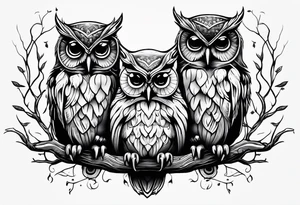 Hear no evil, see no evil, speak no evil owls on branch tattoo idea