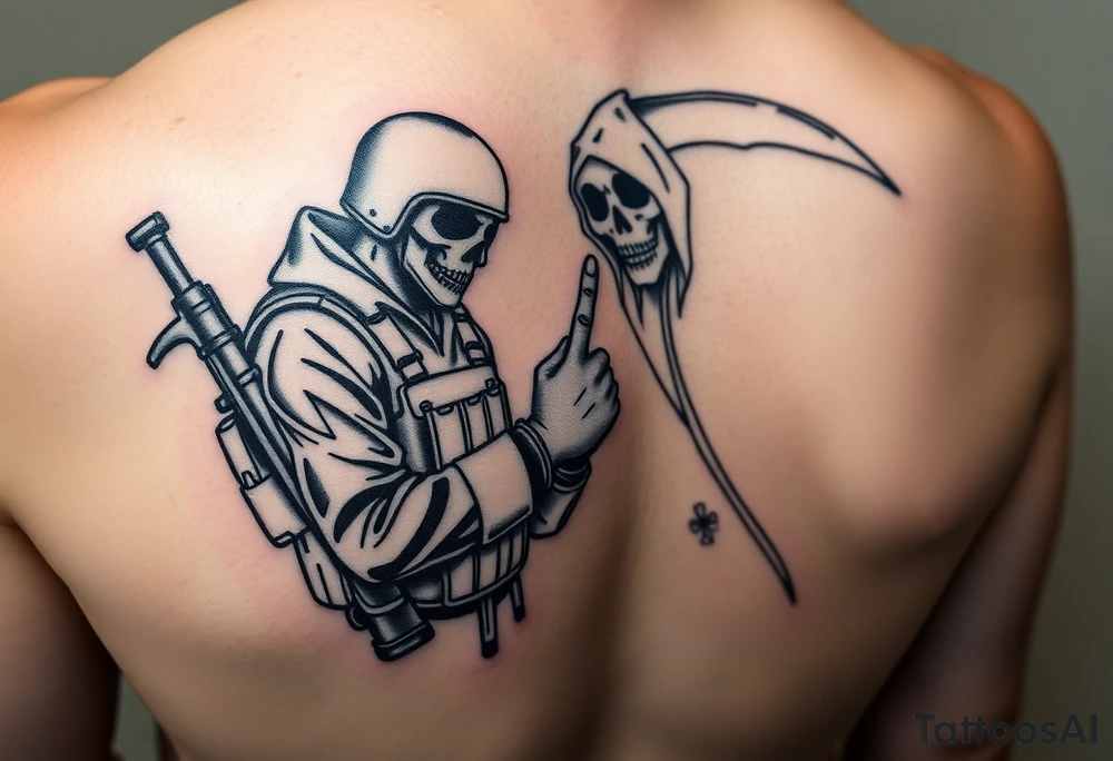 Forearm tattoo , Special forces combat medic treating a soldier while he puts his middle finger up at the grim reaper tattoo idea
