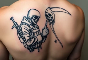 Forearm tattoo , Special forces combat medic treating a soldier while he puts his middle finger up at the grim reaper tattoo idea