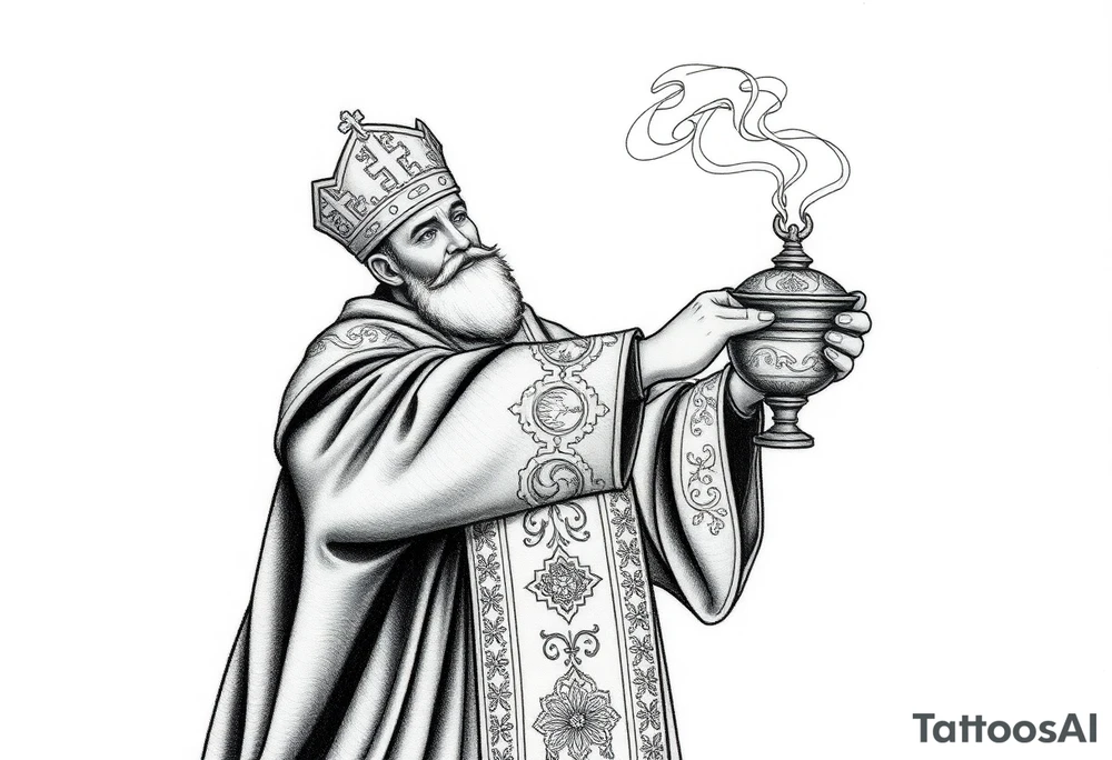 A Russian Orthodox Priest in full gold vestments swinging a censer with smoke curling upward 

The ornate robes give incredible fine line detail
The incense smoke could flow and connect to other elements
It ties directly into the church and Virgin Mary you already have
Very culturally authentic to the overall theme tattoo idea