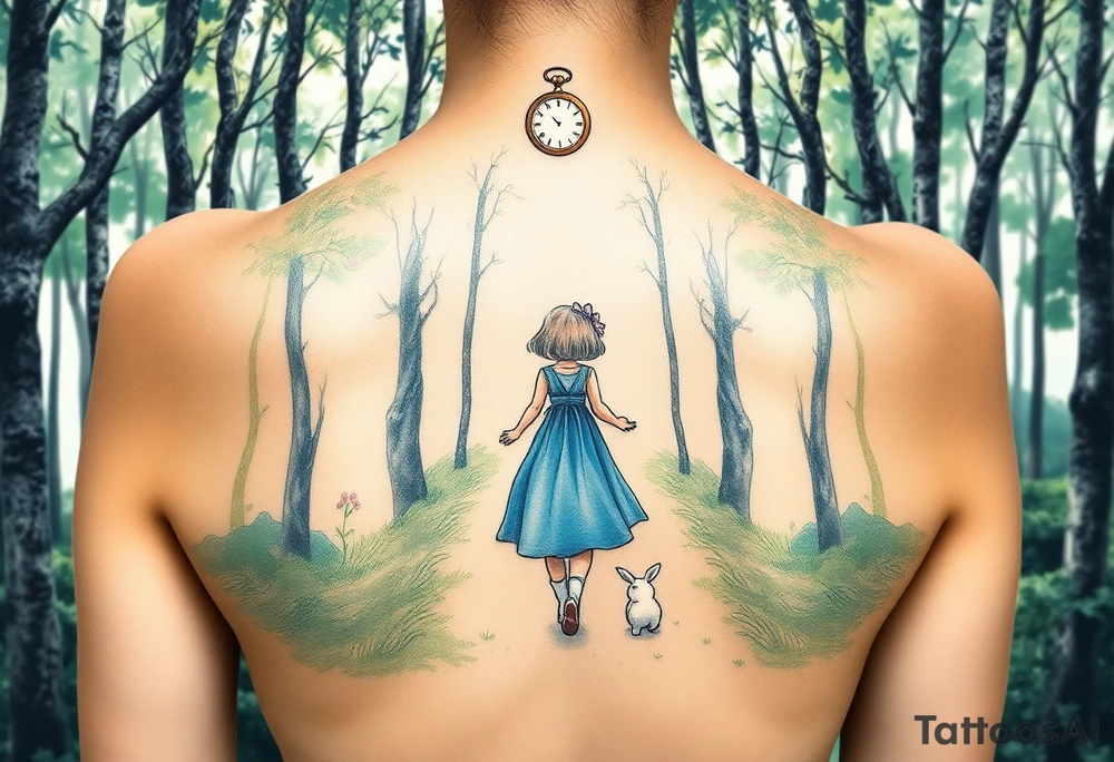 Back view of a girl in a blue dress walking in a forest following a small white rabbit. A pocket watch on top of the scene, falling amongst the trees tattoo idea