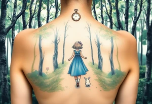 Back view of a girl in a blue dress walking in a forest following a small white rabbit. A pocket watch on top of the scene, falling amongst the trees tattoo idea