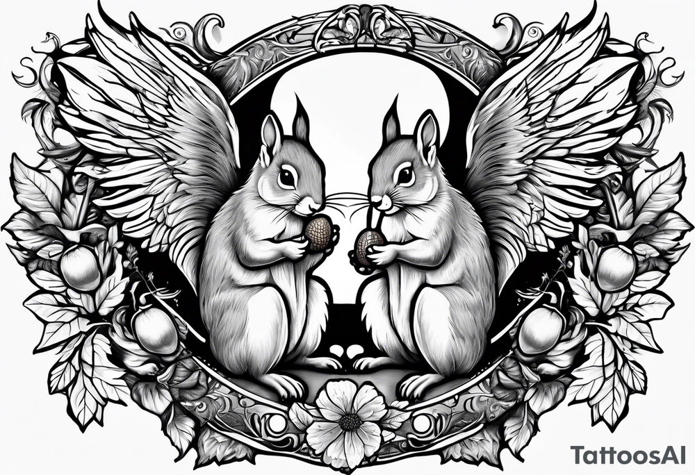 Squirrel with angel wings holding an acorn tattoo idea