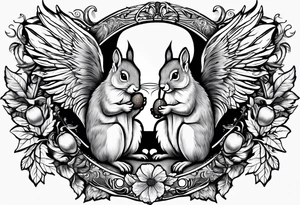 Squirrel with angel wings holding an acorn tattoo idea