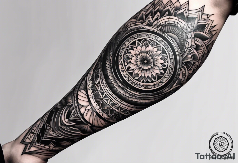 A full sleeve for the forearm with a geometric design tattoo idea