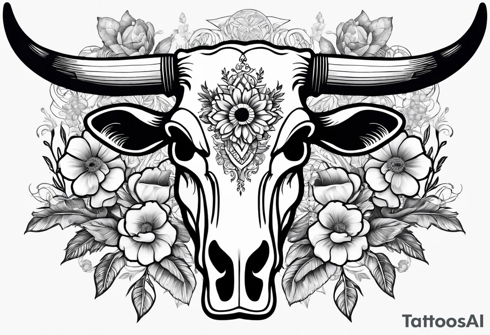 Cow skull with flowers on top and bottom tattoo idea