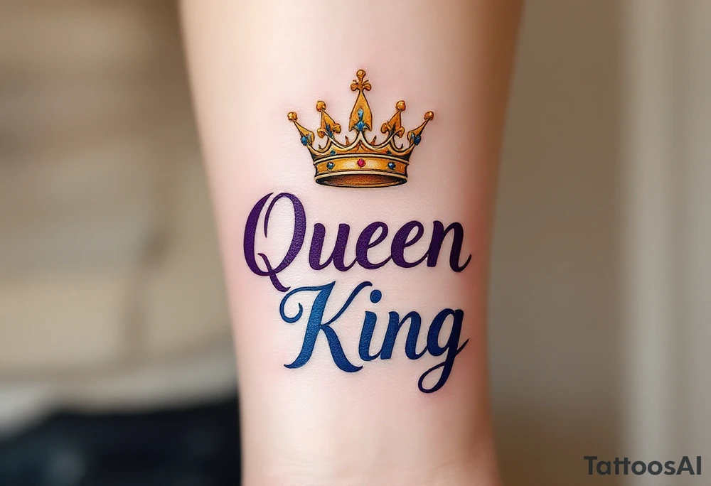 A golden crown floating above the word "Queen" in deep purple script and "King" in royal blue. tattoo idea