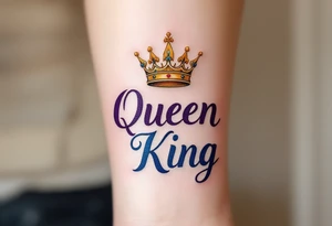 A golden crown floating above the word "Queen" in deep purple script and "King" in royal blue. tattoo idea
