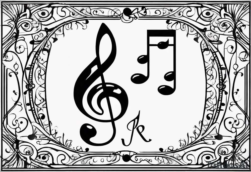 Minimalist line work tattoo, depicting musical
Notes and the letters “R” and “L” which symbolize Lainey and remi. tattoo idea