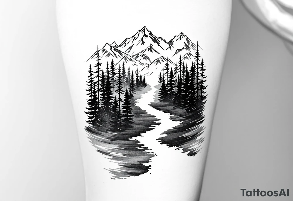 A minimalist design with a narrow path cutting through a dense forest, leading toward snow-capped mountains in the distance. The contrast between the dark woods (from Exile) and the snow-covered mountains (from Out of the Woods) shows the transition from hardship to hope. The path could be subtly winding, suggesting that the way forward is unclear, yet still leading to something more peaceful. tattoo idea