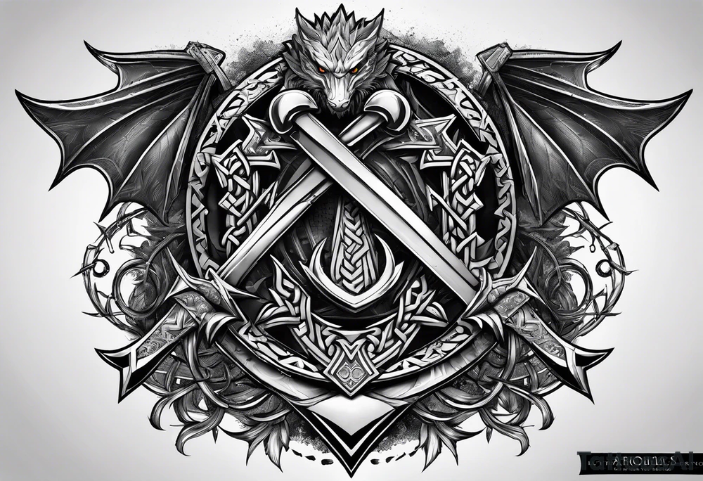 Valhalla sword shield dragon axe Valknut barbed wire chains tribal tattoo idea Valhalla sword shield dragon axe Valknut barbed wire chains tribal tattoo idea