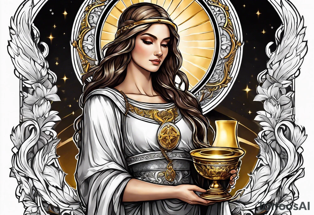 woman saint holding chalice surrounded by golden halo tattoo idea