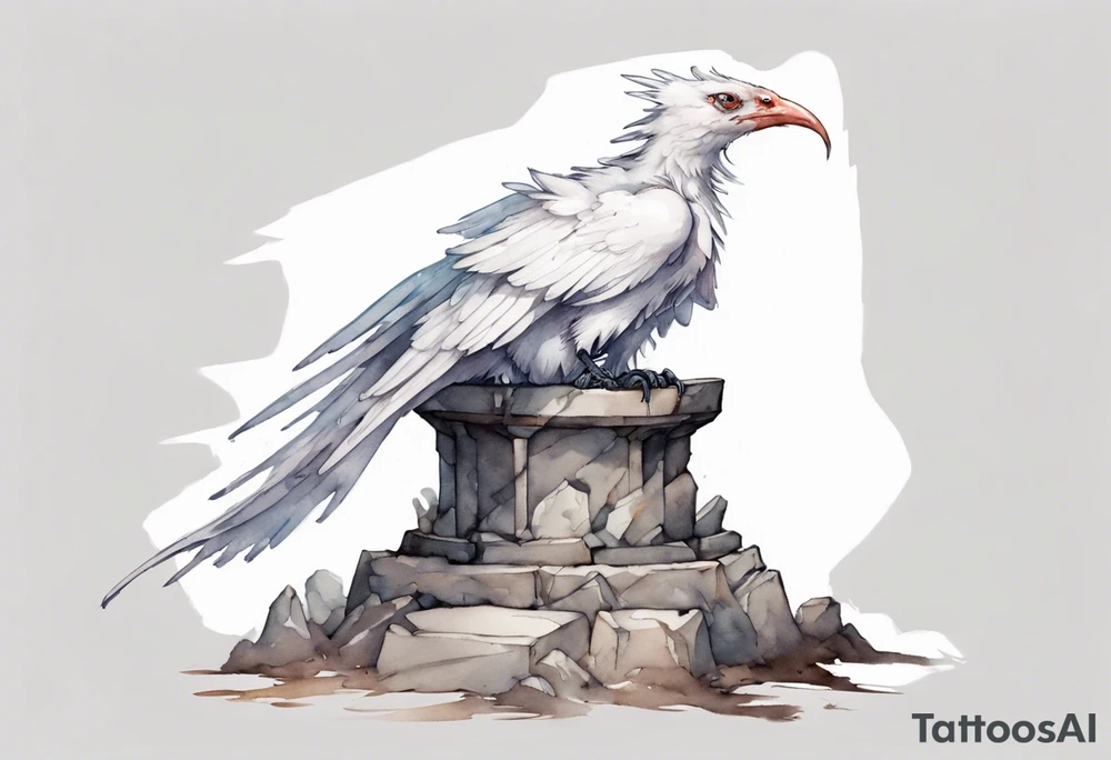 a white bird-wyvern hybrid wearing a plain iron band, perched on a stone throne tattoo idea