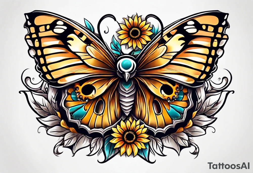 Small owl with butterfly and sunflower leg sleeve tattoo idea