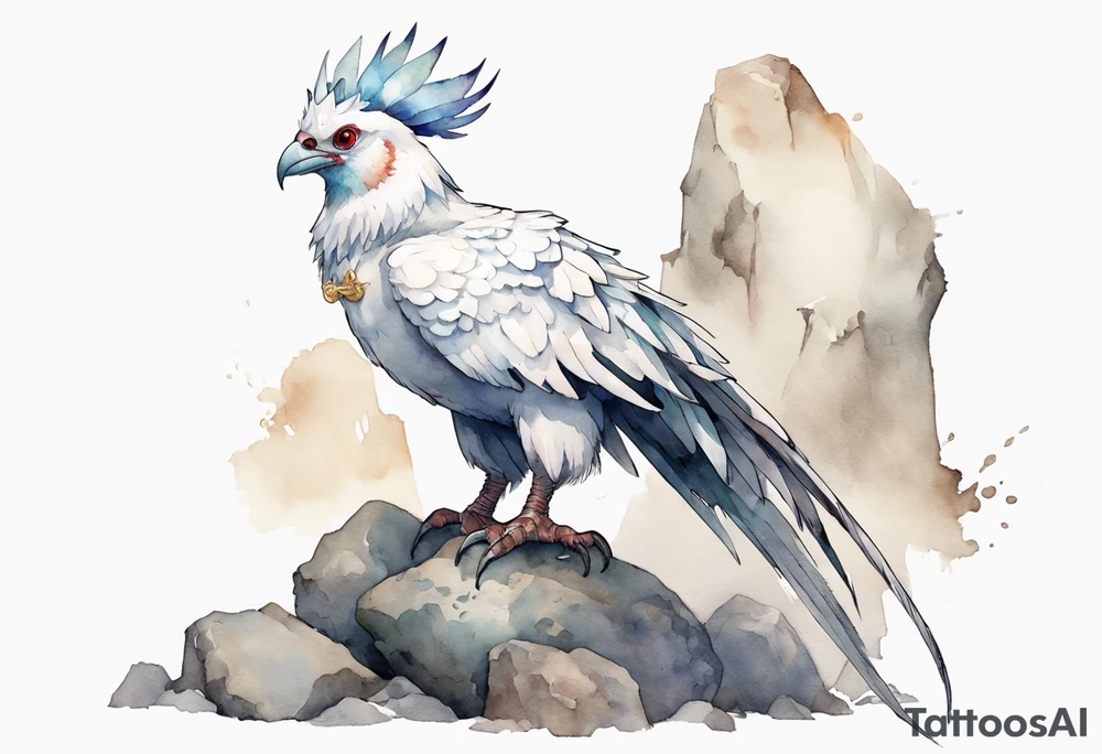 a white Cockatrice wearing a plain iron crown, perched on a stone tattoo idea
