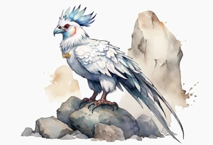 a white Cockatrice wearing a plain iron crown, perched on a stone tattoo idea