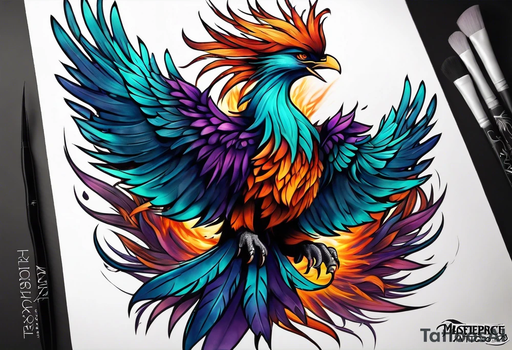 Phoenix on hip down into thigh with feathers that have teal purple and blue from the Ashes I rise tattoo idea