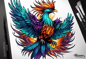 Phoenix on hip down into thigh with feathers that have teal purple and blue from the Ashes I rise tattoo idea