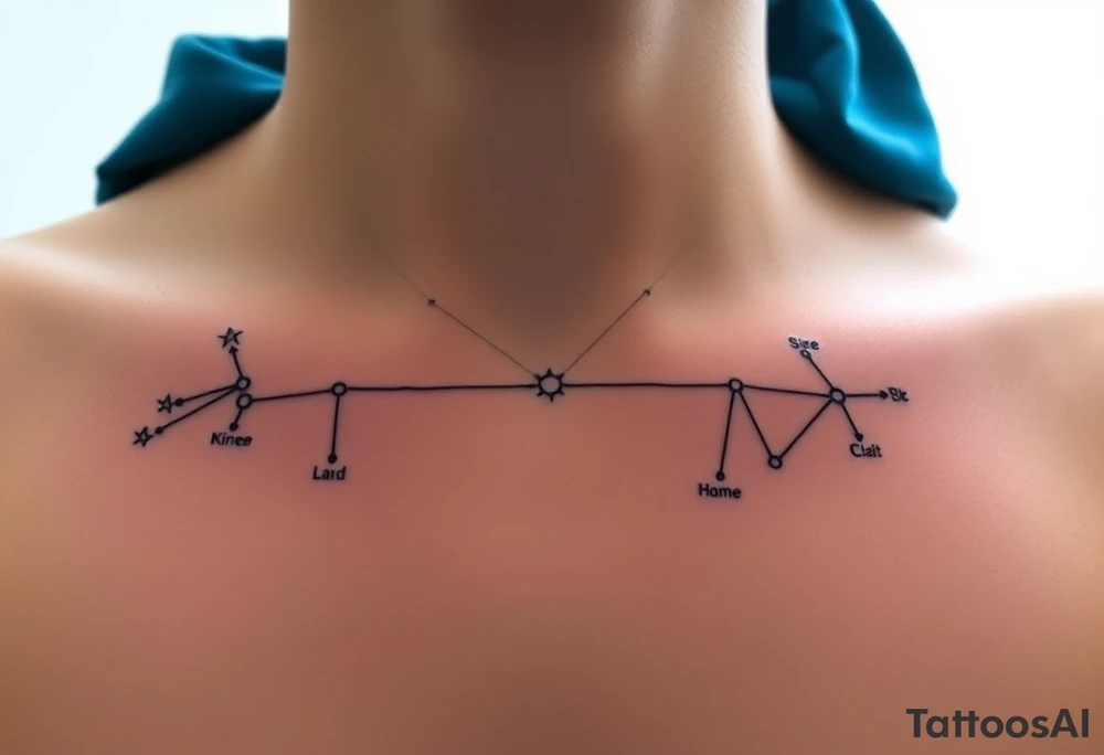 The tattoo idea is a personalized family constellation where each star represents a family member, showing how everyone is connected even across different branches. At the center, you (Sagittarius, Kaus Australis) and your older brother (Aries, Hamal) stand as the link between both sides. On the left, your dad (Capricorn, Deneb Algedi) and your half-brother on his side (Scorpio, Antares) form a shape like an arrow pointing toward the center, symbolizing strength and direction. On the right, your mom (Libra, Zubenelgenubi), your half-brother (Gemini, Castor), and your half-sister (Cancer, Tarf) create a balance-like shape representing harmony and protection. Thin lines connect the stars to form a single constellation, with you and your older brother as the central stars joining both worlds. The design could include just the stars, their names, zodiac symbols, or coordinates in a fine-line, black-ink style, expressing balance, connection, and the eternal bond uniting every member of your family. tattoo idea