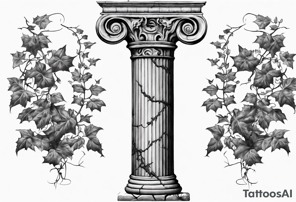 An old roman pillar in the Ionian style with the word "OMNIA" inscribed on the frieze. It has cracks on the shaft and overgrown ivy on the stylobate and stereobate. It is turned 17 degrees to the right. tattoo idea