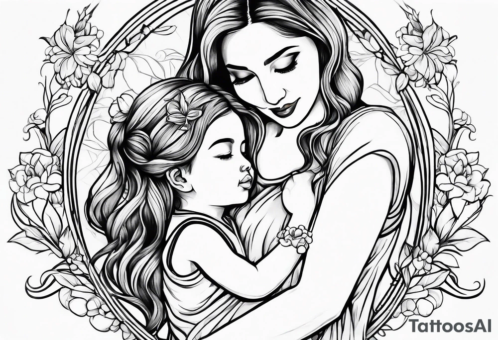 A simple outline of a mom holding her to kids tattoo idea