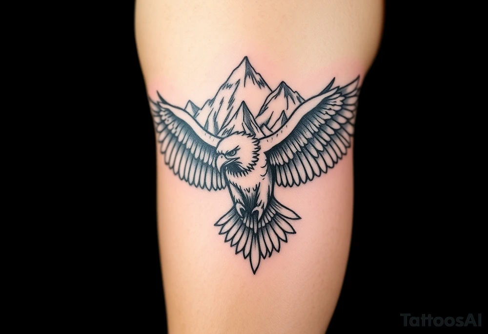majestic eagle spreading wings against mountain peaks tattoo idea