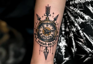 steampunk half compass half clock with a full-length arrow pointing at my wrist and saying "Isaiah 40:31" tattoo idea