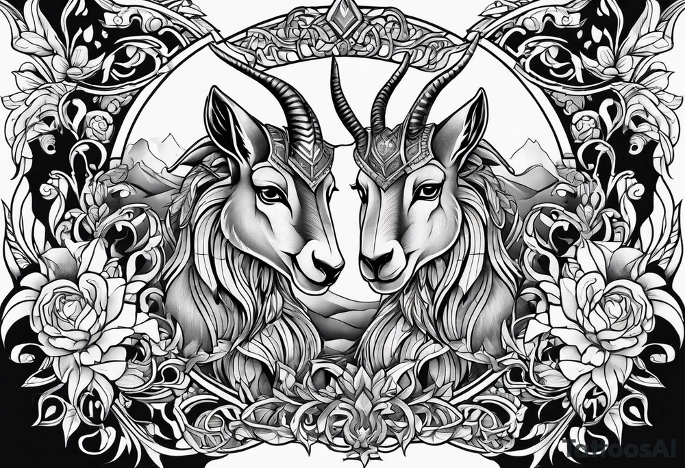 Shoulder/chest tattoo that is Half Goat, Half Kangaroo with a clear distinction of both tattoo idea