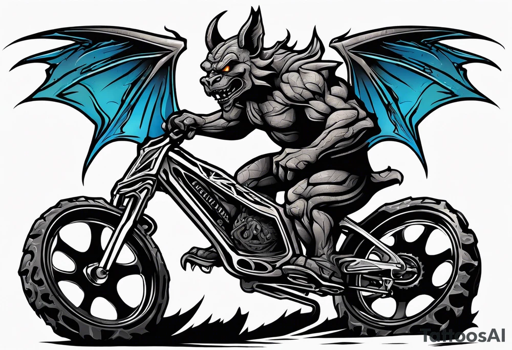 gargoyle riding a full suspension mountain bike with a shadow no background tattoo idea