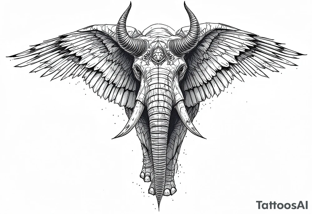 A hieroglyphic, depicting an ancient and gargantuan African elephant with horns protruding from its forehead and wings that resemble that of a falcons tattoo idea