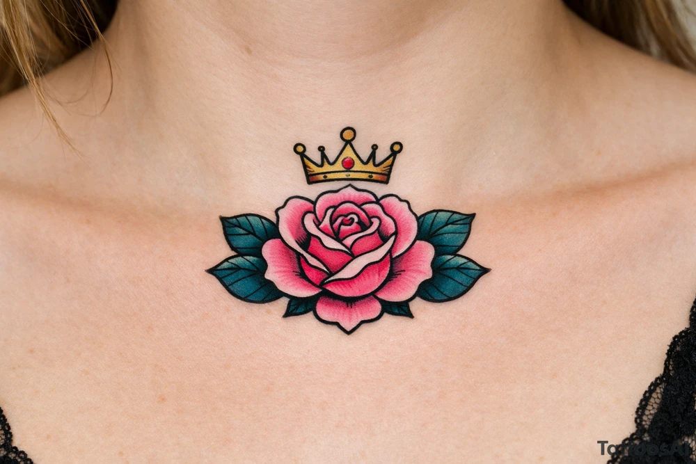Pink and petrol rose , petrol leaves no stem, minimalist crown above it tattoo idea