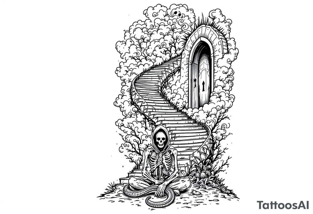 Here’s a refined AI image generation prompt you can use with another AI art generator like Midjourney, Leonardo.Ai, or Stable Diffusion:

Prompt:
“Black and grey fine-line tattoo design for a full right calf sleeve (ankle to knee). A surreal and symbolic composition featuring:
	•	A skeletal hand gripping a rusted key, symbolizing patience and endurance.
	•	A winding, endless staircase beginning at the ankle, twisting upward, gradually morphing into soft clouds or a celestial gateway near the knee, representing struggle and eventual relief.
	•	A faceless, hooded figure sitting cross-legged in front of a mysterious door with no handle, only a keyhole, embodying patience and waiting for the right moment.
	•	A snake wrapped around the staircase, shedding its skin mid-motion, symbolizing transformation and renewal.
	•	Intricate fine-line detailing with subtle shading and negative space to enhance depth, keeping the design elegant and intricate.
	•	The overall tattoo flows vertically, following the natural curvature of the calf, ensuring seamless anatomical integration.” tattoo idea