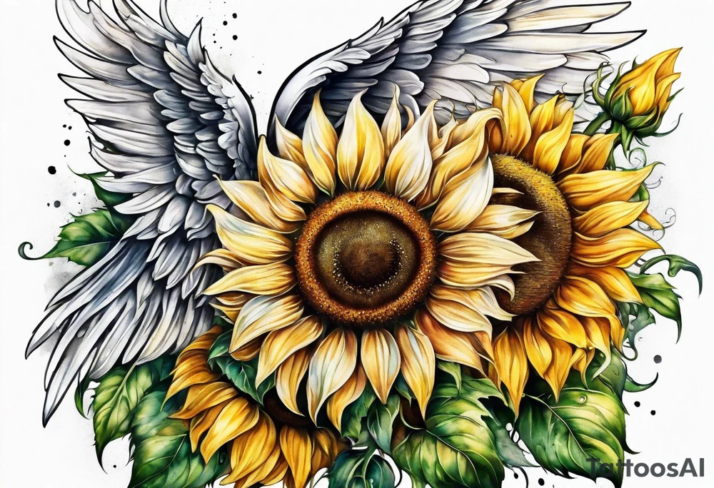 Sunflowers and angel wings leg sleeve tattoo idea