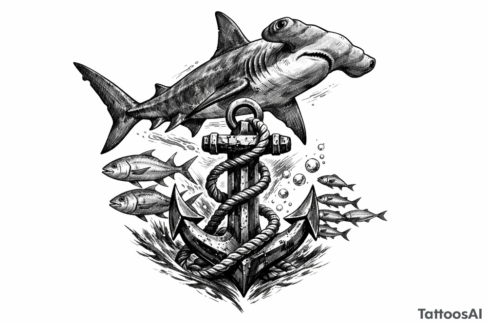 a hammerhead-shark, under it an anchor,fishes. tattoo idea
