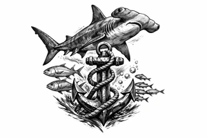 a hammerhead-shark, under it an anchor,fishes. tattoo idea