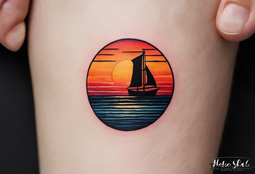 This tattoo needs to be incredibly simple and minimal. It's a sunset from the perspective of being on a boat on the ocean. The waves are very calm and there is no land in site. There are slight reflections of the sun on the water. The tattoo will be in landscape orientation. Mostly black with small splashes of color from the sun. There should be no objects in the tattoo besides the sun, water, and maybe some clouds and a bird or two. No land or boats. tattoo idea