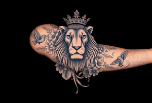 powerful majestic lion with a crown, surrounded by floral ornaments and birds tattoo idea