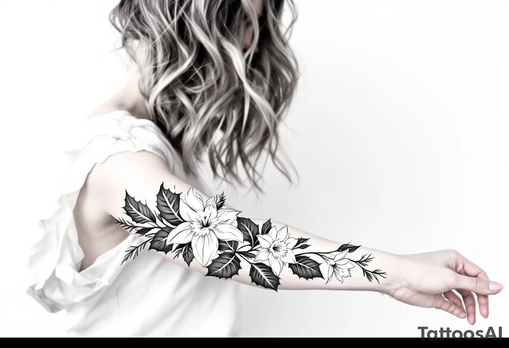 sleeve of holly and daffodils tattoo idea