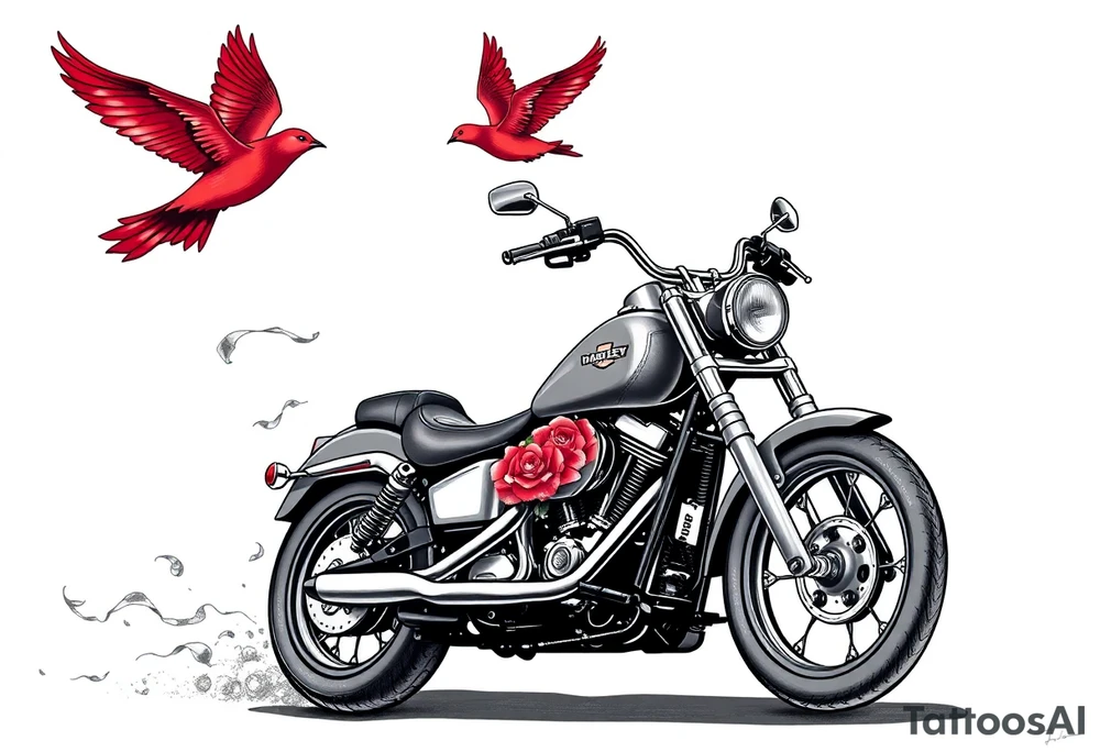 Harley grey motorcycle driving away, two red birds flying, roses and lace, flames tattoo idea