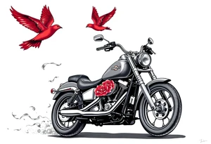 Harley grey motorcycle driving away, two red birds flying, roses and lace, flames tattoo idea