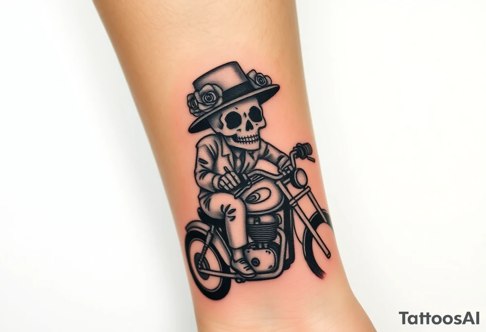 create an decorated "day of the dead skull" wearing a top hat with roses who is riding a retro motorcycle tattoo idea