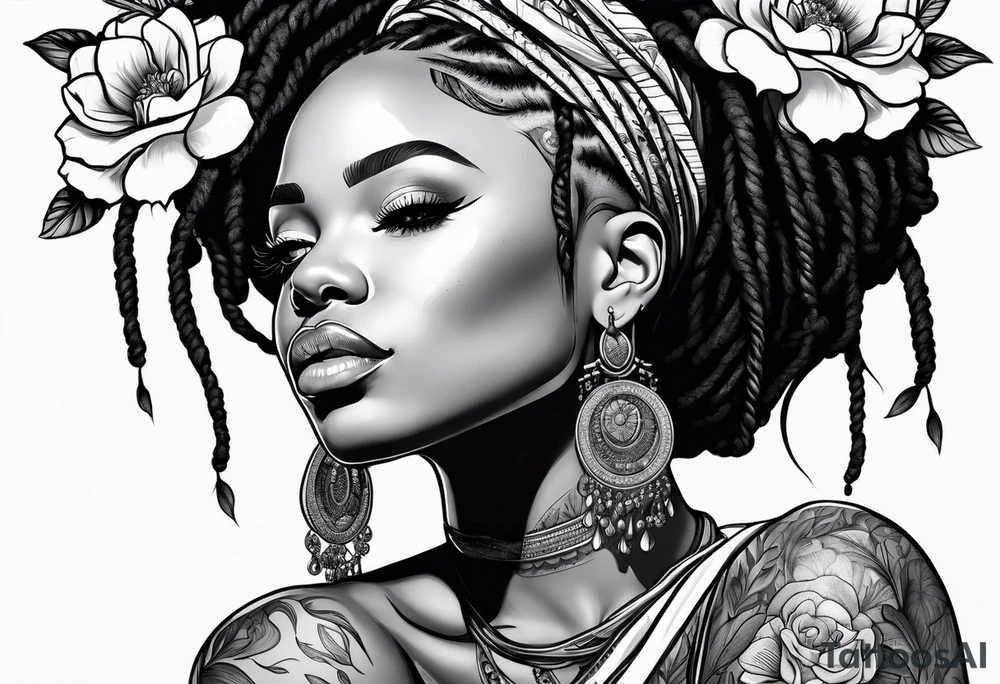 Black woman with locs and flowers tattoo idea