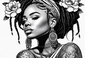 Black woman with locs and flowers tattoo idea