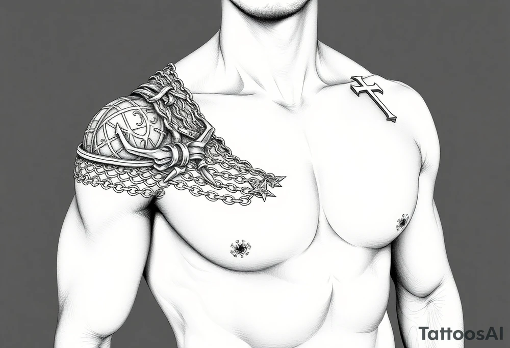 Chainmail armor from bottom of neck to  below elbow with a cross on shoulder tattoo idea