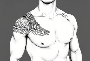 Chainmail armor from bottom of neck to  below elbow with a cross on shoulder tattoo idea
